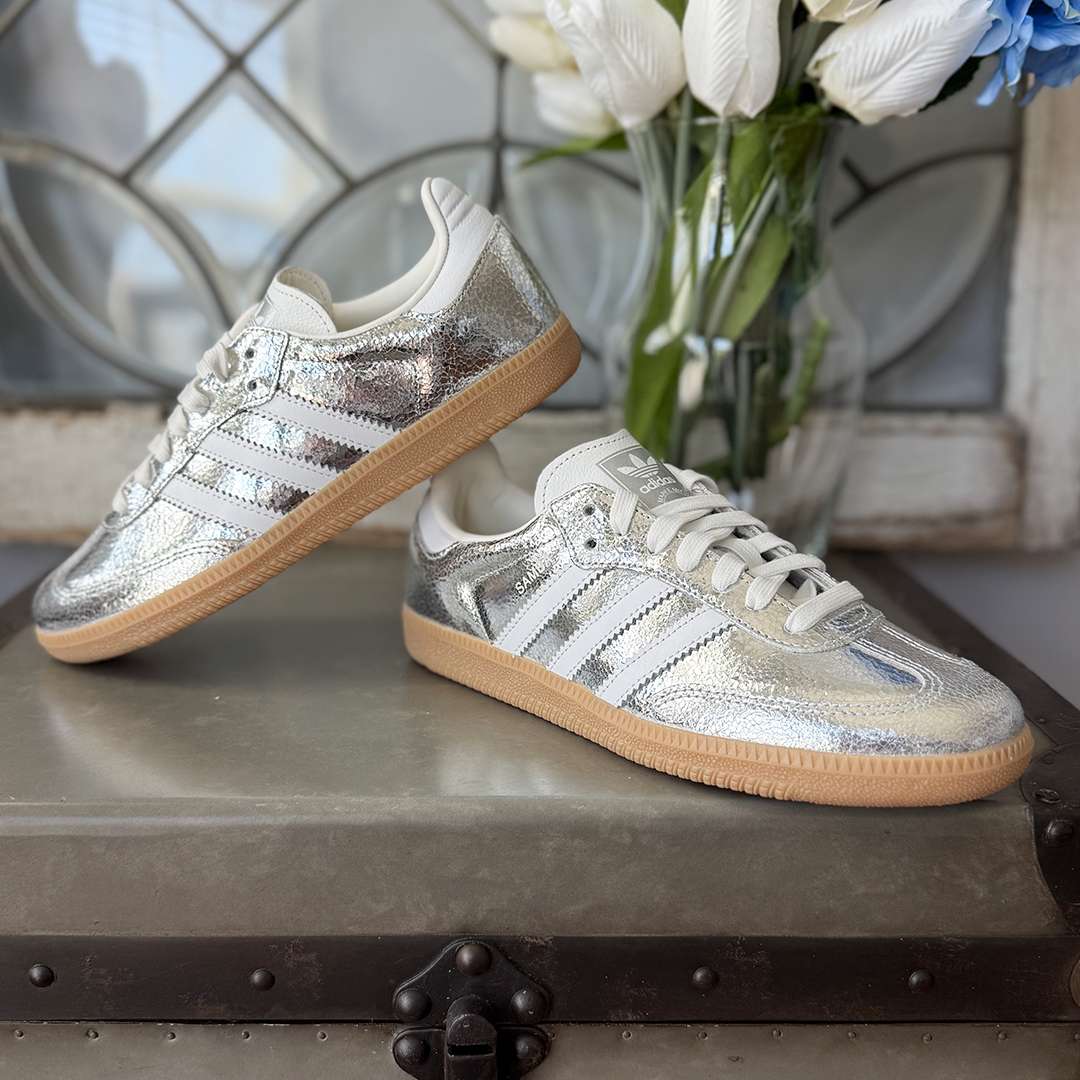AD Samba - Baskets OG pour femmes en cuir argenté métallisé craquelé